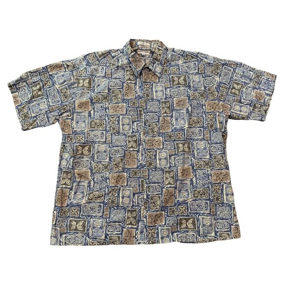 Pierre Cardin Mens Short Sleeve Button-Up Shirt Blue Beige Abstract Tile Size XL - Picture 1 of 12